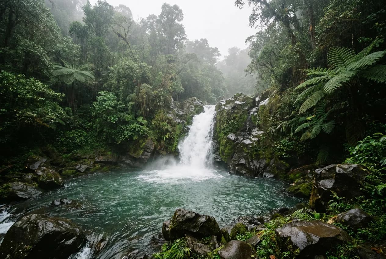 Las Monas Waterfall near Jaco, Costa Rica running at full flow into a natural swimming hole during September rainy season