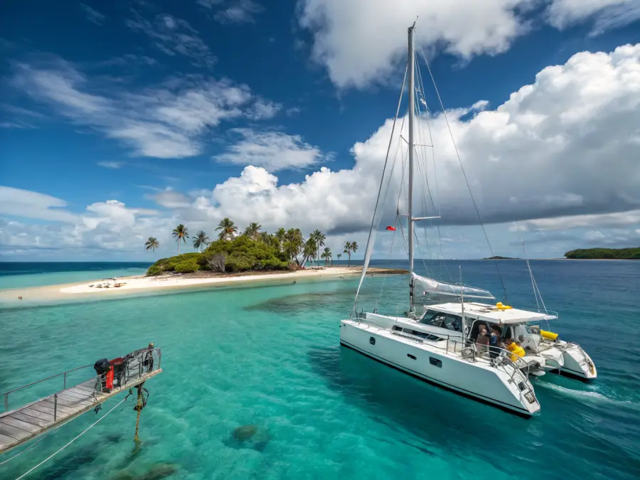 Catamaran sailing on the Pacific Ocean with Tortuga Island visible in the background