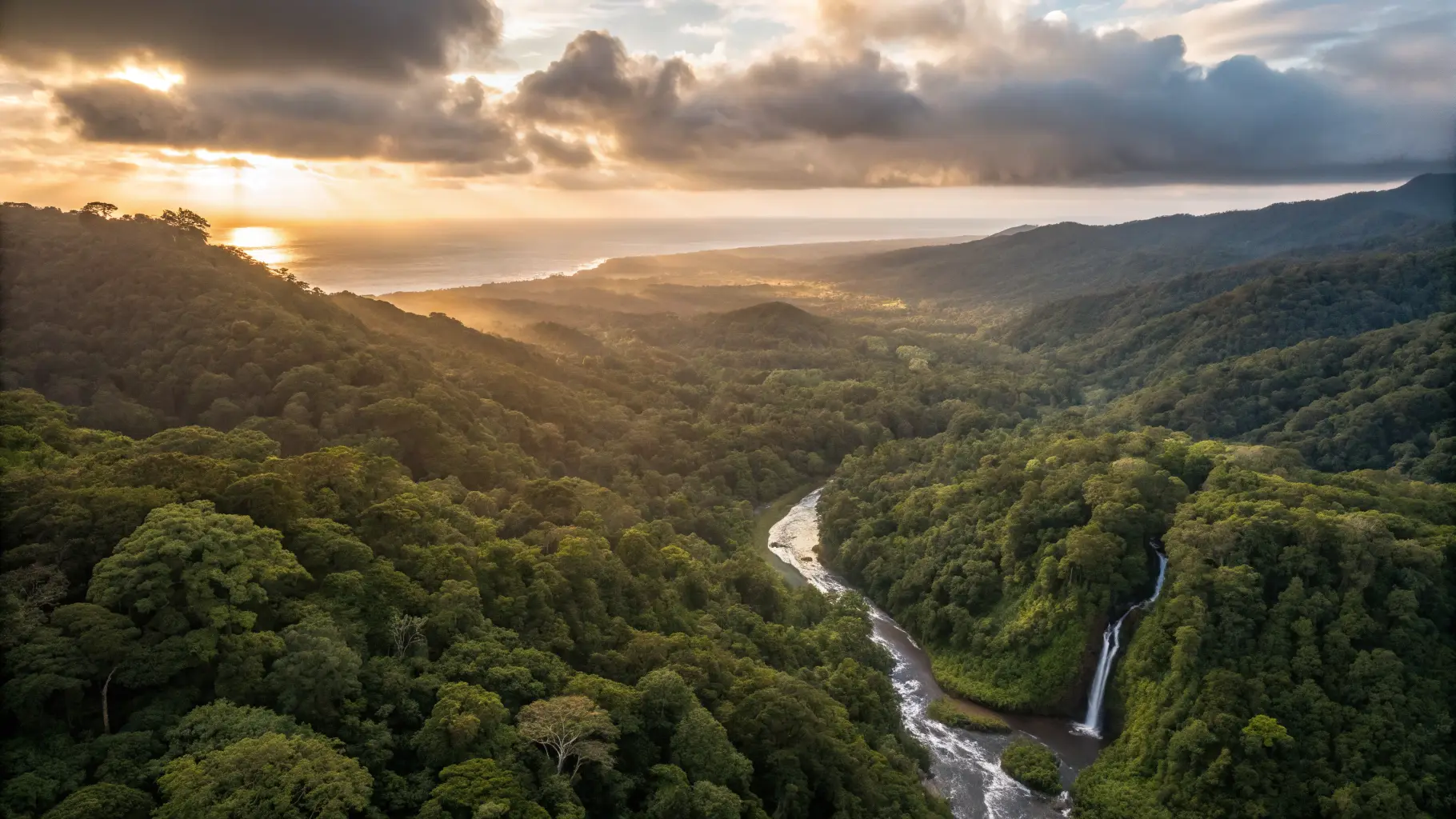 Aerial view of Costa Rica's diverse landscape including rainforest, rivers, and Pacific coastline